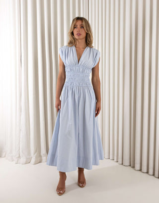 Blue cotton midi dress with gathered shoulders and shirred waist