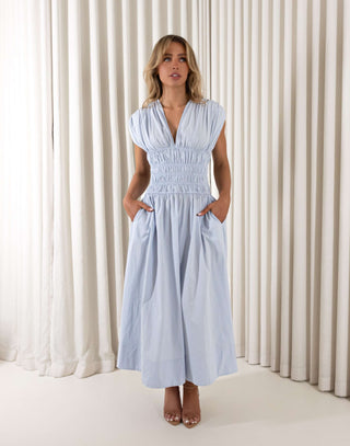 Blue cotton midi dress with gathered shoulders and shirred waist