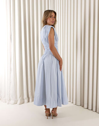 Blue cotton midi dress with gathered shoulders and shirred waist