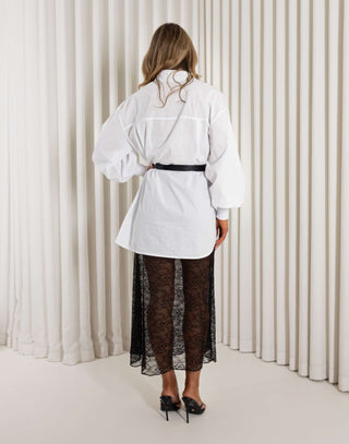 Black unlined lace A line midi skirt, high waisted and sheer