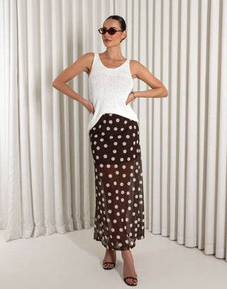 Brown polka dot mesh midi skirt with mini lining, straight fit