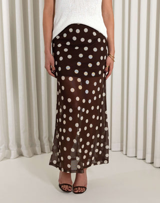 Brown polka dot mesh midi skirt with mini lining, straight fit