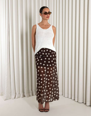 Brown polka dot mesh midi skirt with mini lining, straight fit