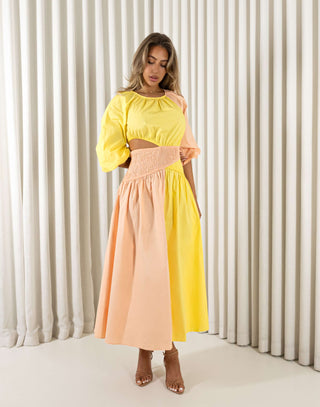 Yellow cotton midi dress with round neck, shirred waist and side cut outs