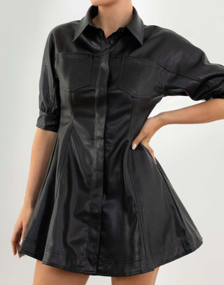 Sienna Dress - Faux Leather Button Up Mini Dress - Black