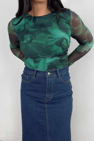Sonny Top - Long Sleeve Fitted Mesh Top - Green Print