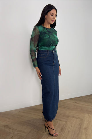 Sonny Top - Long Sleeve Fitted Mesh Top - Green Print