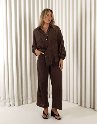 Brown oversized cotton-blend button up shirt with balloon sleeves