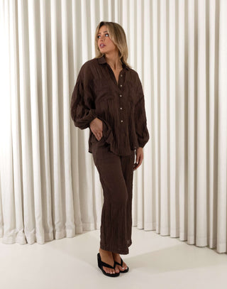 Brown oversized cotton-blend button up shirt with balloon sleeves