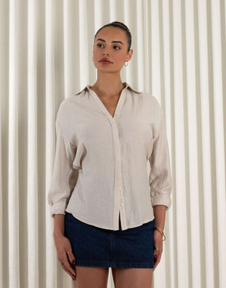 Oat linen-blend relaxed button-up shirt with waist tie and long sleeves