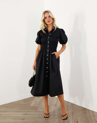 stefan-dress-collared-button-up-shirring-midi-black