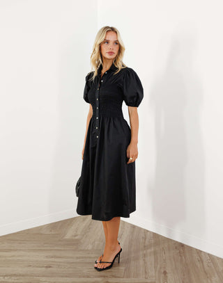 stefan-dress-collared-button-up-shirring-midi-black