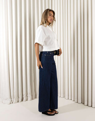 Denim wide leg mid-waist cotton jeans with pockets