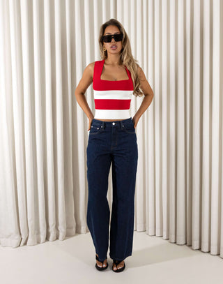 Denim wide leg mid-waist cotton jeans with pockets