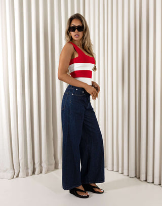 Denim wide leg mid-waist cotton jeans with pockets