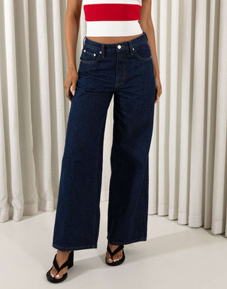Denim wide leg mid-waist cotton jeans with pockets