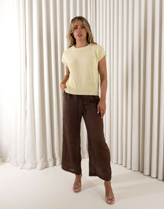 Yellow cap sleeve stretch knit top with round neckline