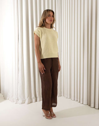 Yellow cap sleeve stretch knit top with round neckline