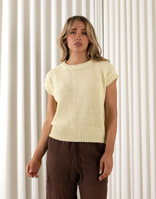 Yellow cap sleeve stretch knit top with round neckline