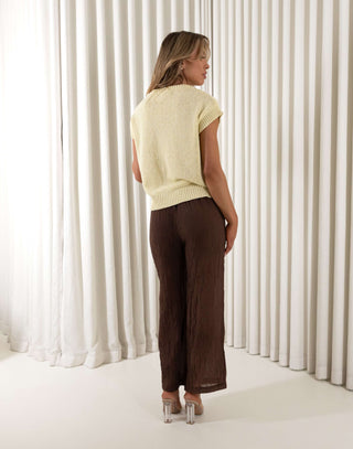 Yellow cap sleeve stretch knit top with round neckline