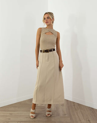 Theresa Skirt - High Waist A-Line Midi Skirt - Beige