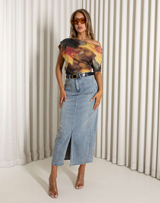 Will off shoulder mesh print top, fitted waist