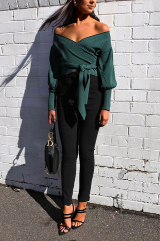 Tanya Top - Balloon Sleeves Wrap Knit Top - Emerald