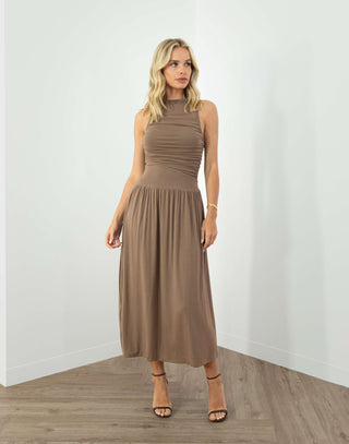 York Dress - Draped Drop Waist Midi - Coffee