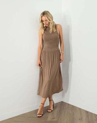 York Dress - Draped Drop Waist Midi - Coffee