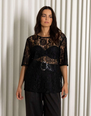 Woman wearing a black lace top and wide-leg pants against a white curtain background Black sheer lace longline t shirt style top
