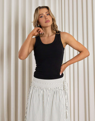 Black ribbed longline round neck top with full stretch