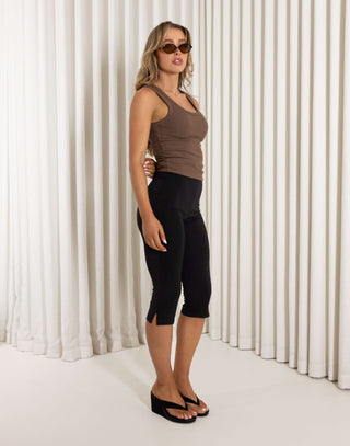 Brown longline ribbed round neck top with full stretch