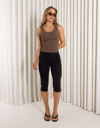 Brown longline ribbed round neck top with full stretch